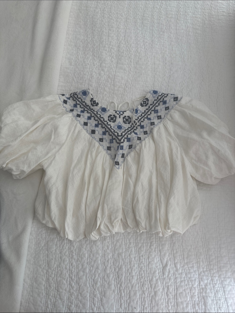 Free People White Peasant Blouse with Blue Embroidered Yoke